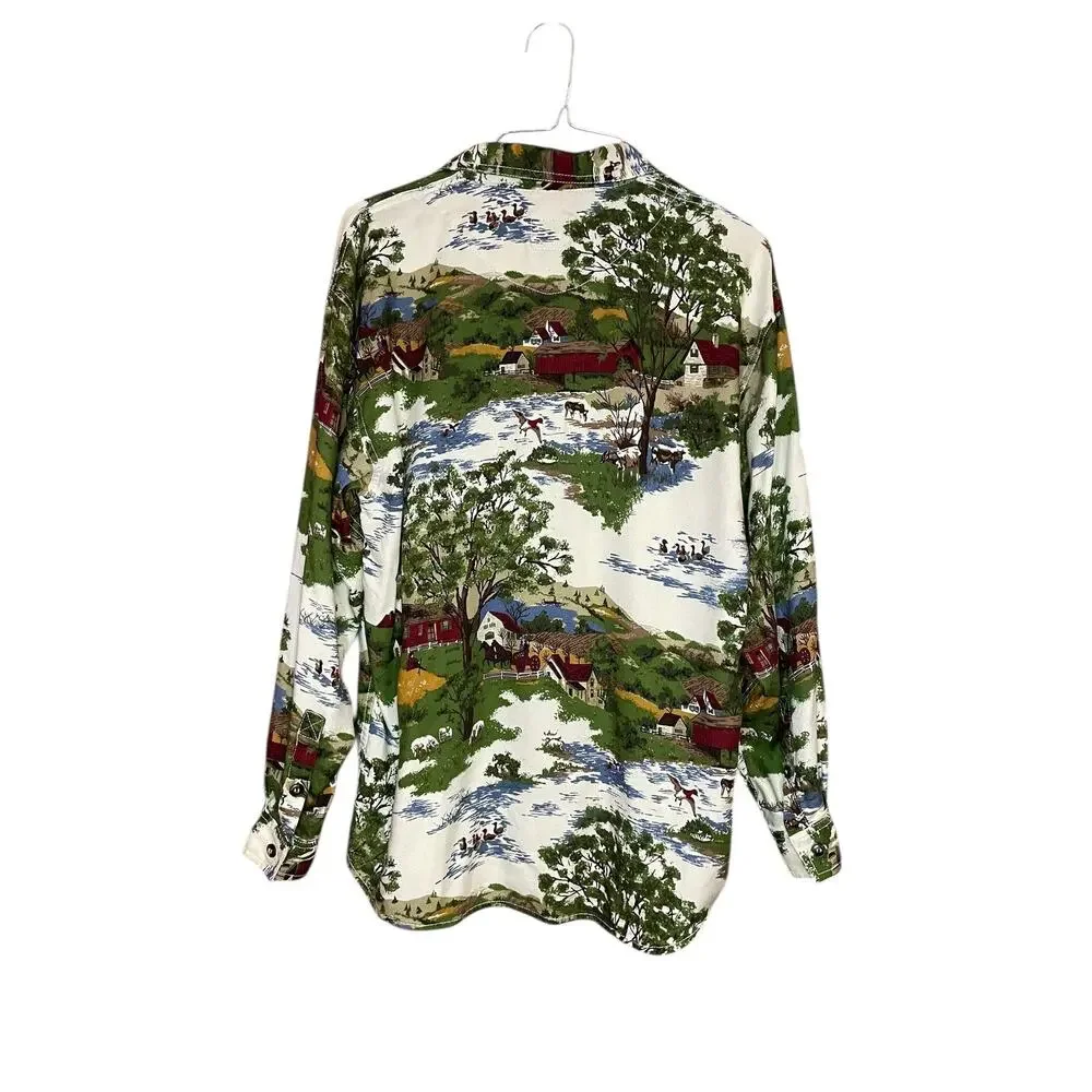 VTG Lizwear Novelty Farm Scene Countryside Horse Button Up Shirt M 90s Western - Picture 2 of 6